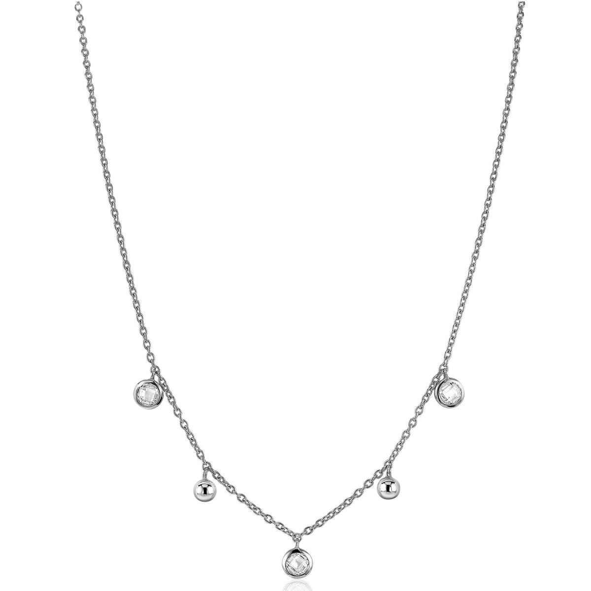 Zilveren ketting met vijf hangende bolletjes en een delicate schakelstructuur.