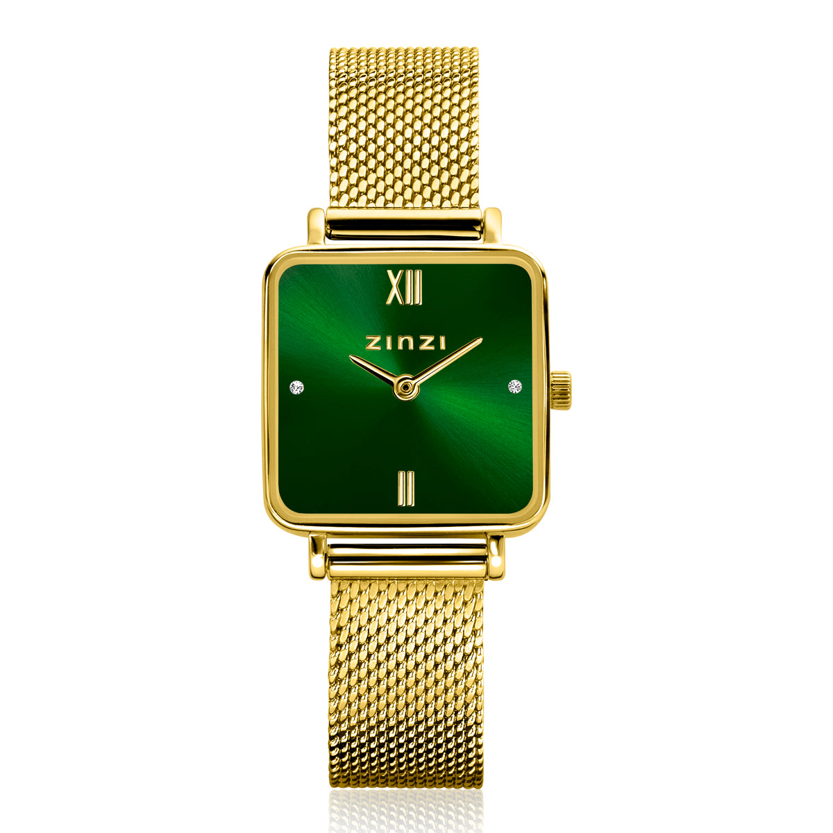 Gouden horloge met vierkante kast, groene wijzerplaat en mesh-band.
