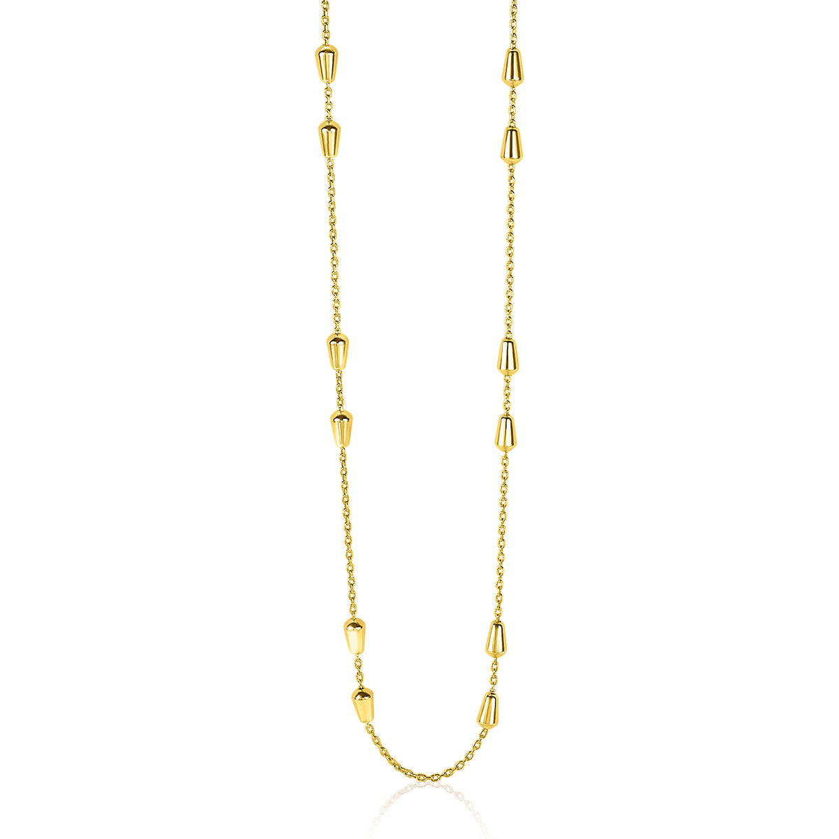 Gouden ketting met een schakelontwerp en afwisselende, ovale en cilindrische elementen.