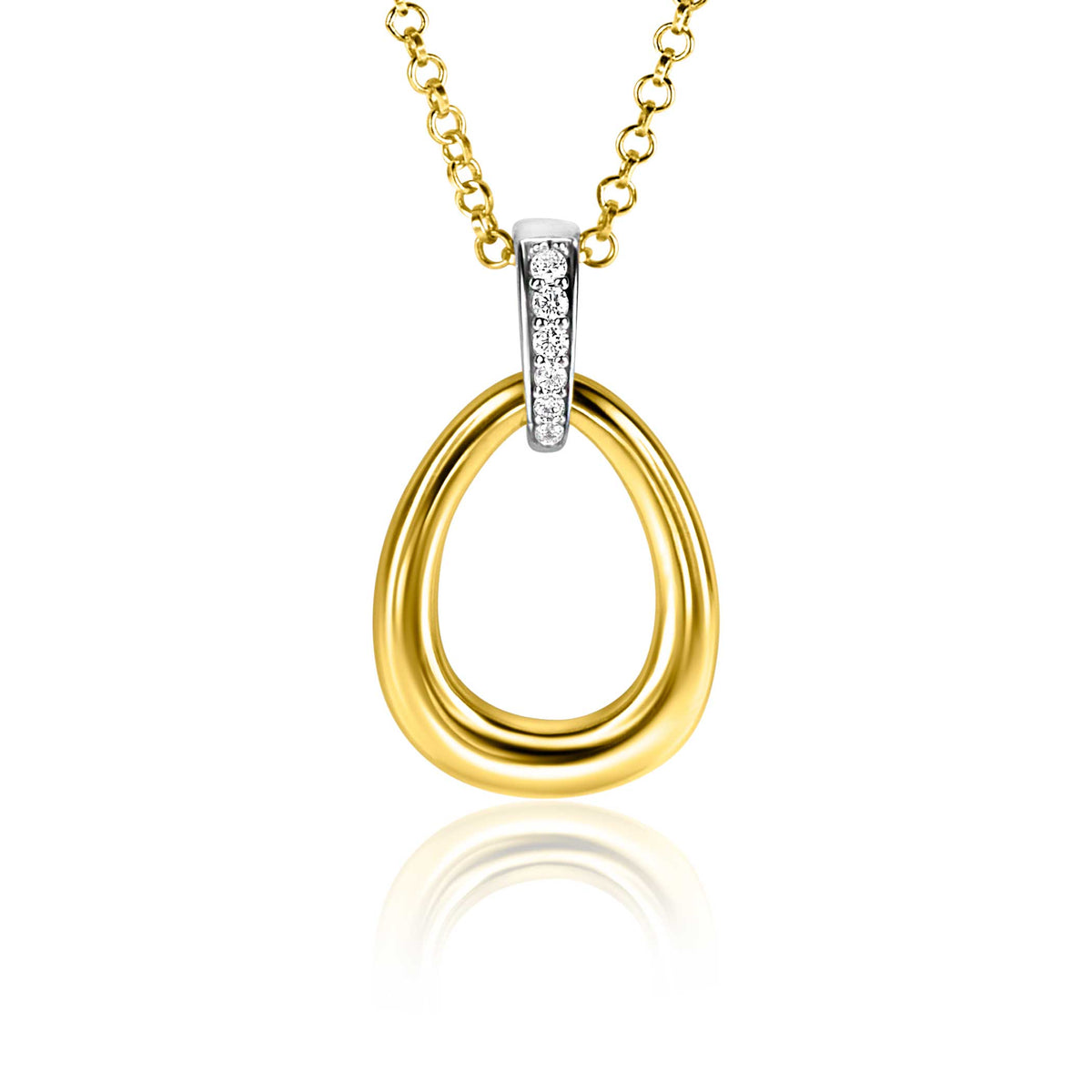 Gouden hanger met een dubbele ovale vorm en een zilveren detail bezet met steentjes.
