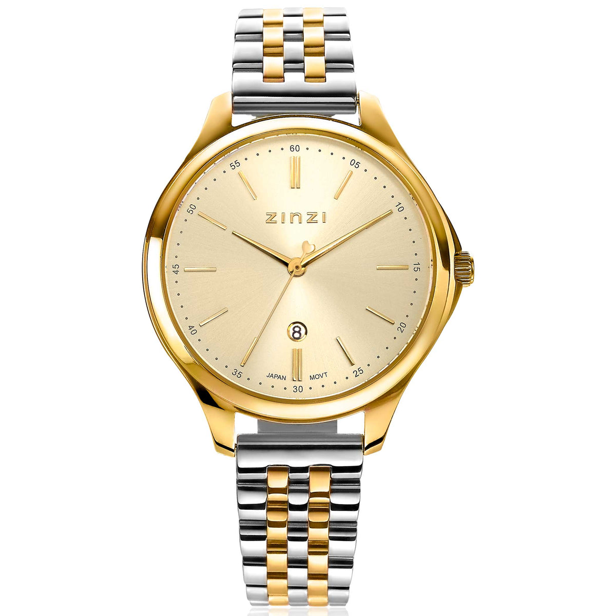 Goudkleurig horloge van staal met een gouden wijzerplaat en een zilver-gouden schakelband.
