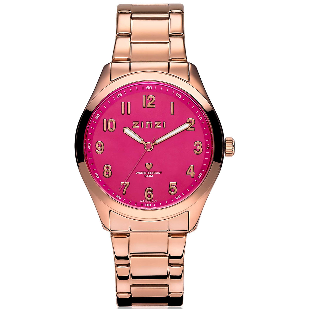 Roségoudkleurig horloge van staal met een fuchsia wijzerplaat en een schakelband.