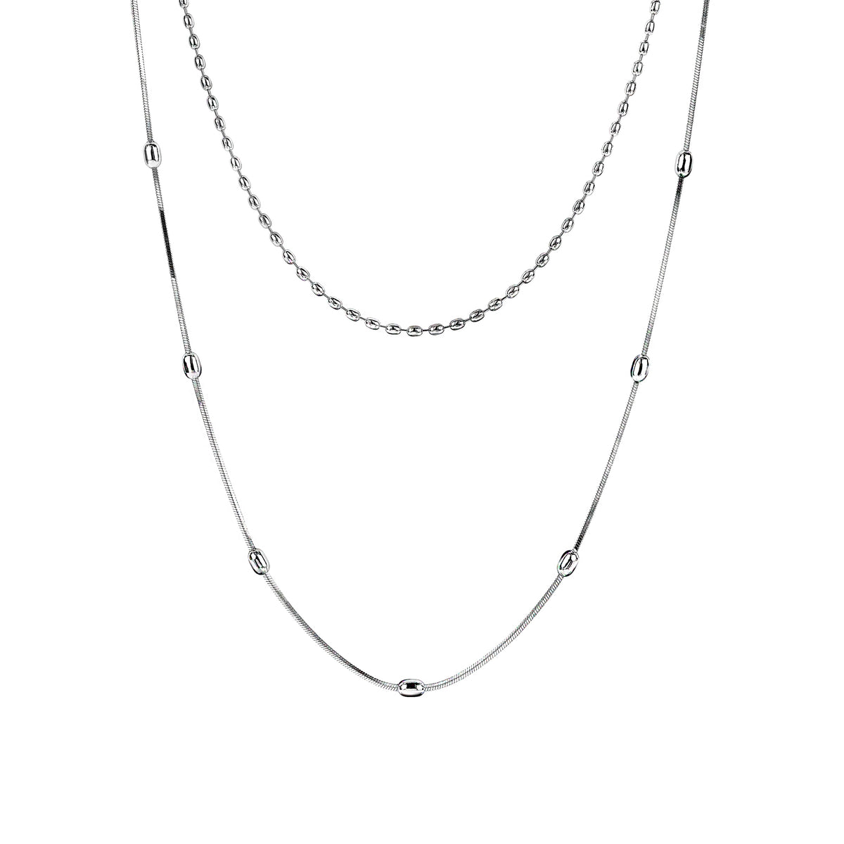 Zilveren ketting met twee lagen, één gladde schakel en één met bolletjes.