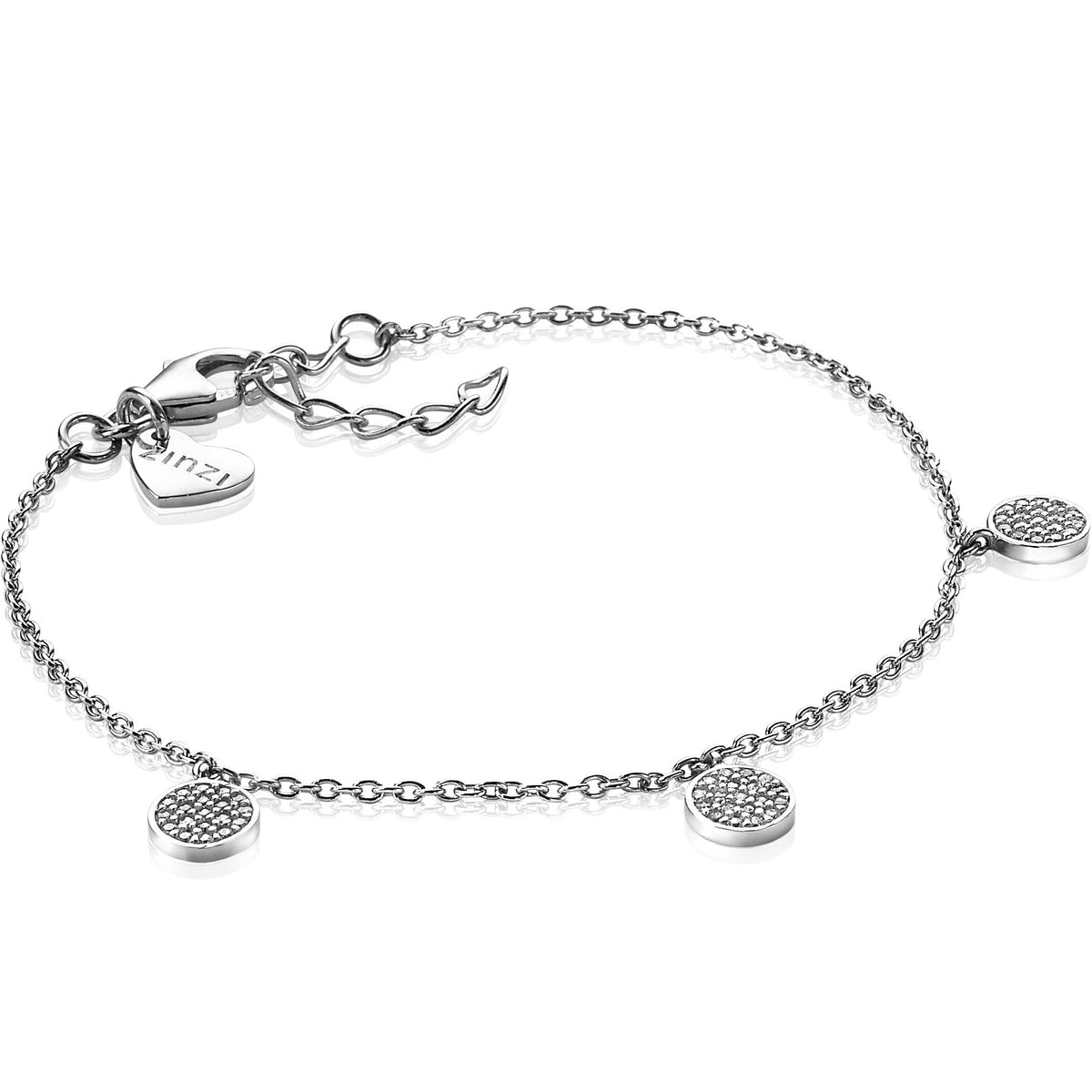 Zilveren armband met drie ronde hangers, versierd met kleine steentjes en een sluiting met hartvormig detail.