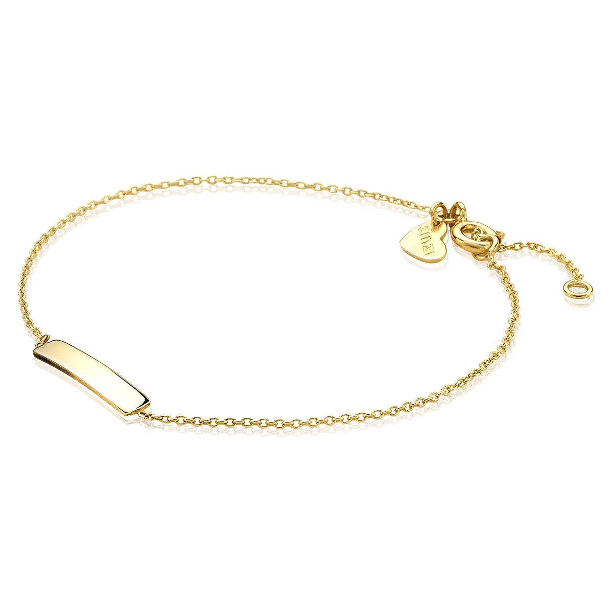 Gouden armband met een gladde, rechte schakel en een lange, smalle plaat.