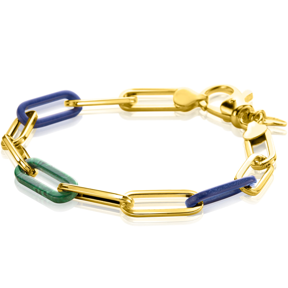 Gouden armband met schakels in groen en blauw, afgewerkt met een karabijnsluiting.