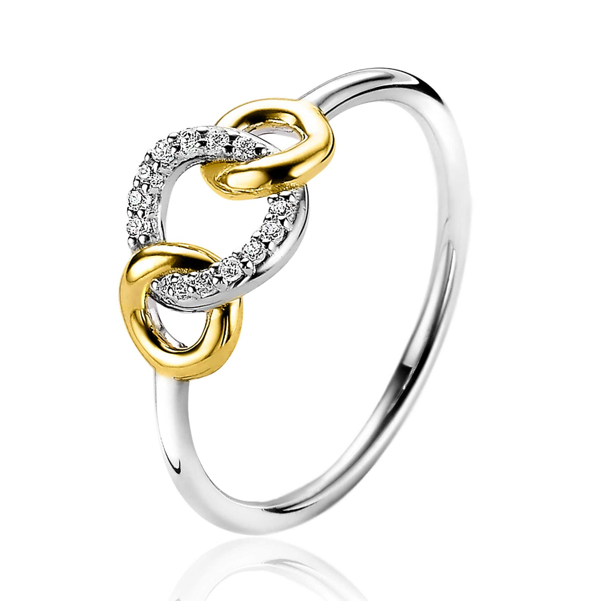 Gouden ring met zilveren band en twee schakels, waarvan één bezet met steentjes.