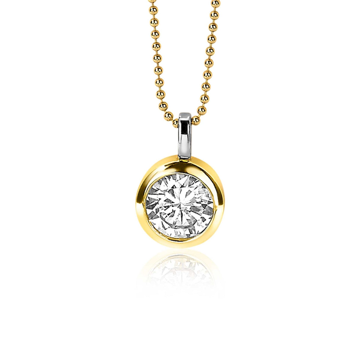 Gouden hanger met een ronde, heldere steen en een fijne bolletjesketting.