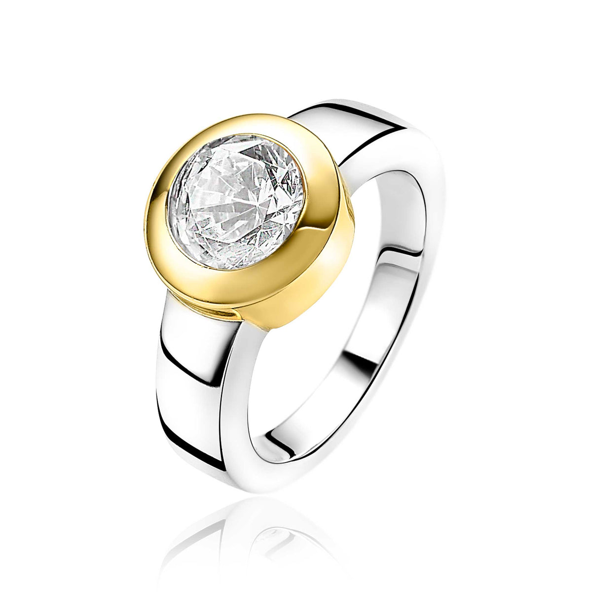 Gouden ring met een grote, heldere zirconia steen in een ronde zetting en een zilveren band.