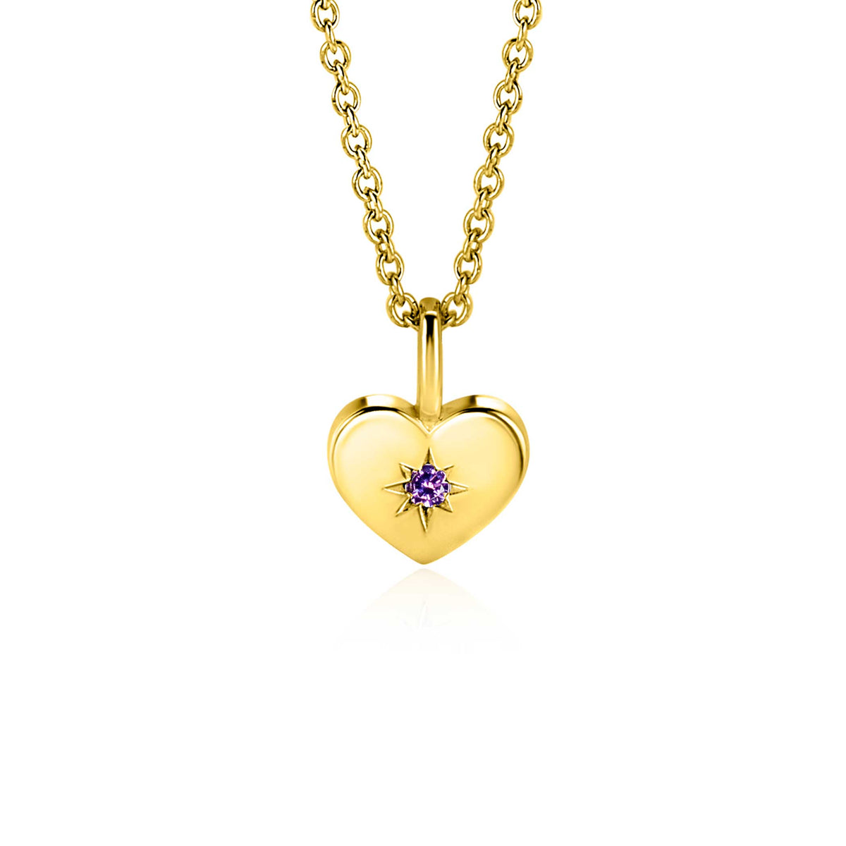 Gouden hangertje in hartvorm met een paarse steen, aan een schakelketting.