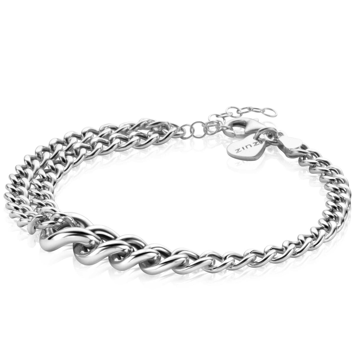 Zilveren armband met een dubbele kettingstructuur en een schakelontwerp.