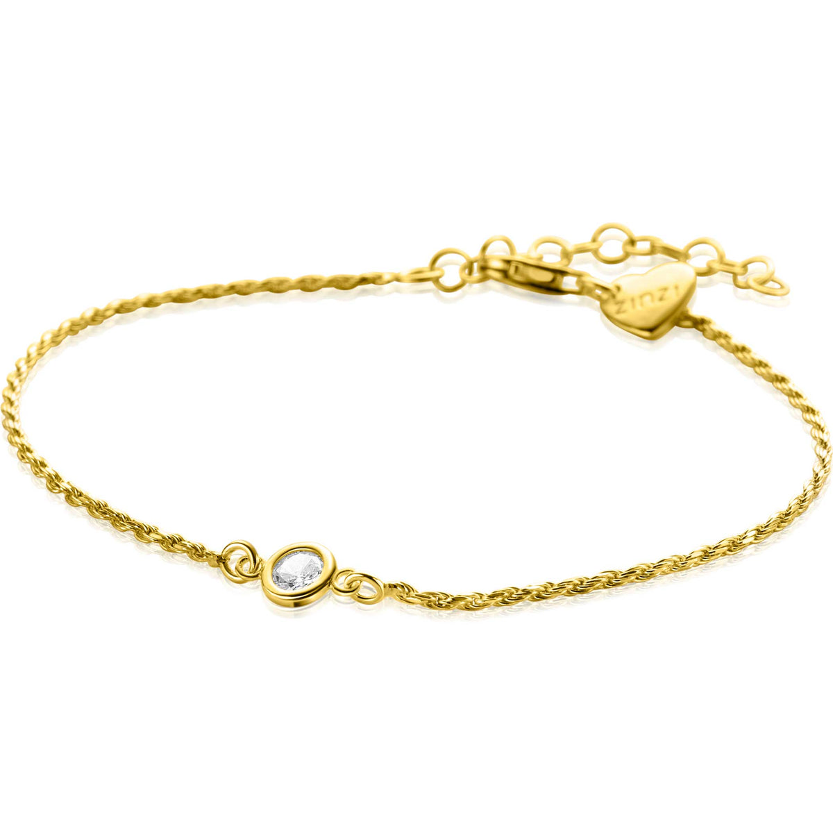 Gouden armband met gedraaide schakel en een kleine, heldere steen in een ronde zetting.