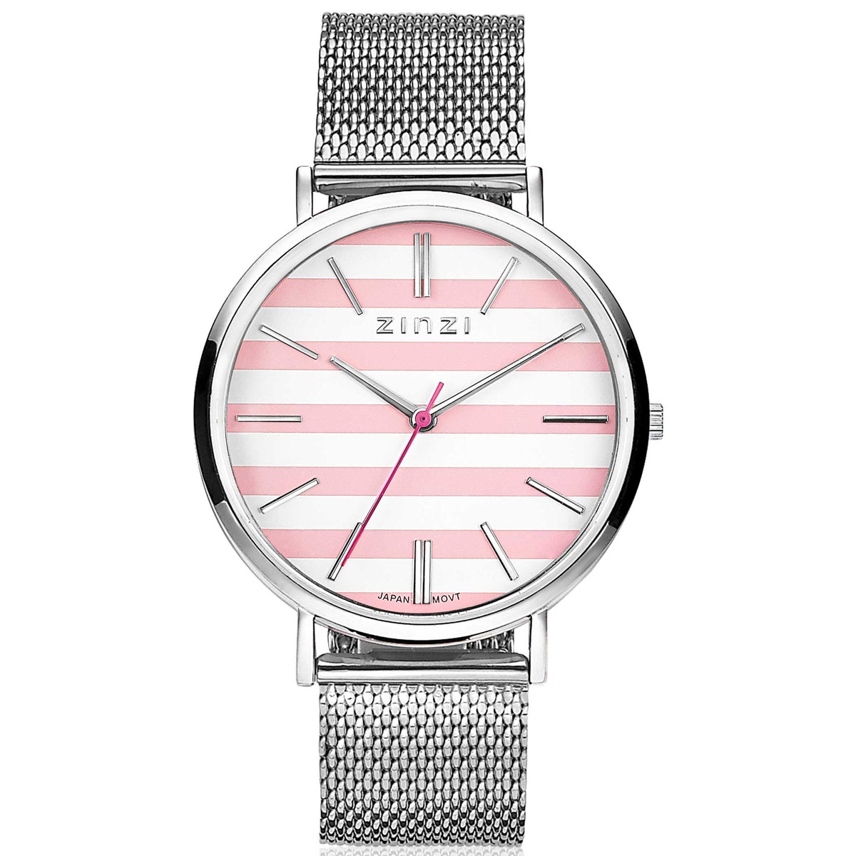 Zilverkleurig horloge van staal met een witte wijzerplaat met roze strepen en een mesh-band.