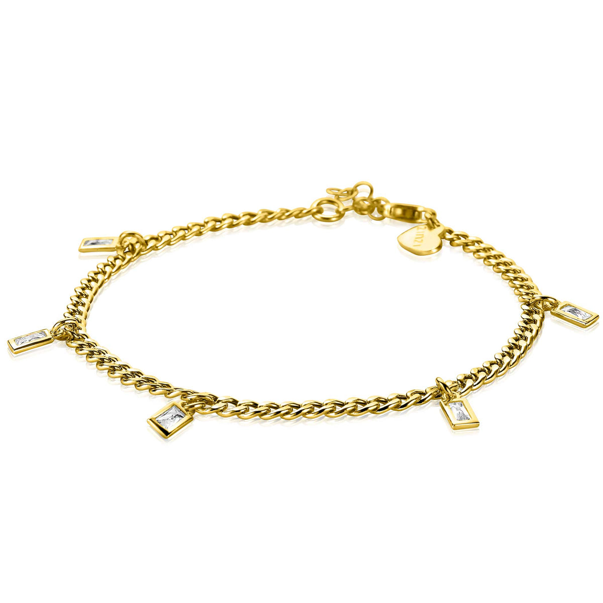 Gouden armband met schakels en vijf kleine, heldere steentjes.