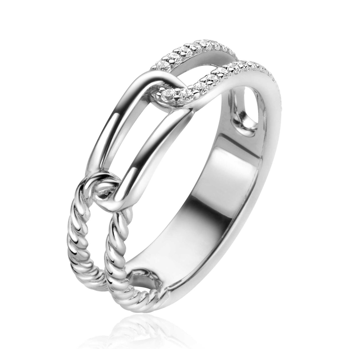 Zilveren ring met een schakeldesign en kleine steentjes, afgewerkt met een gedraaide band.