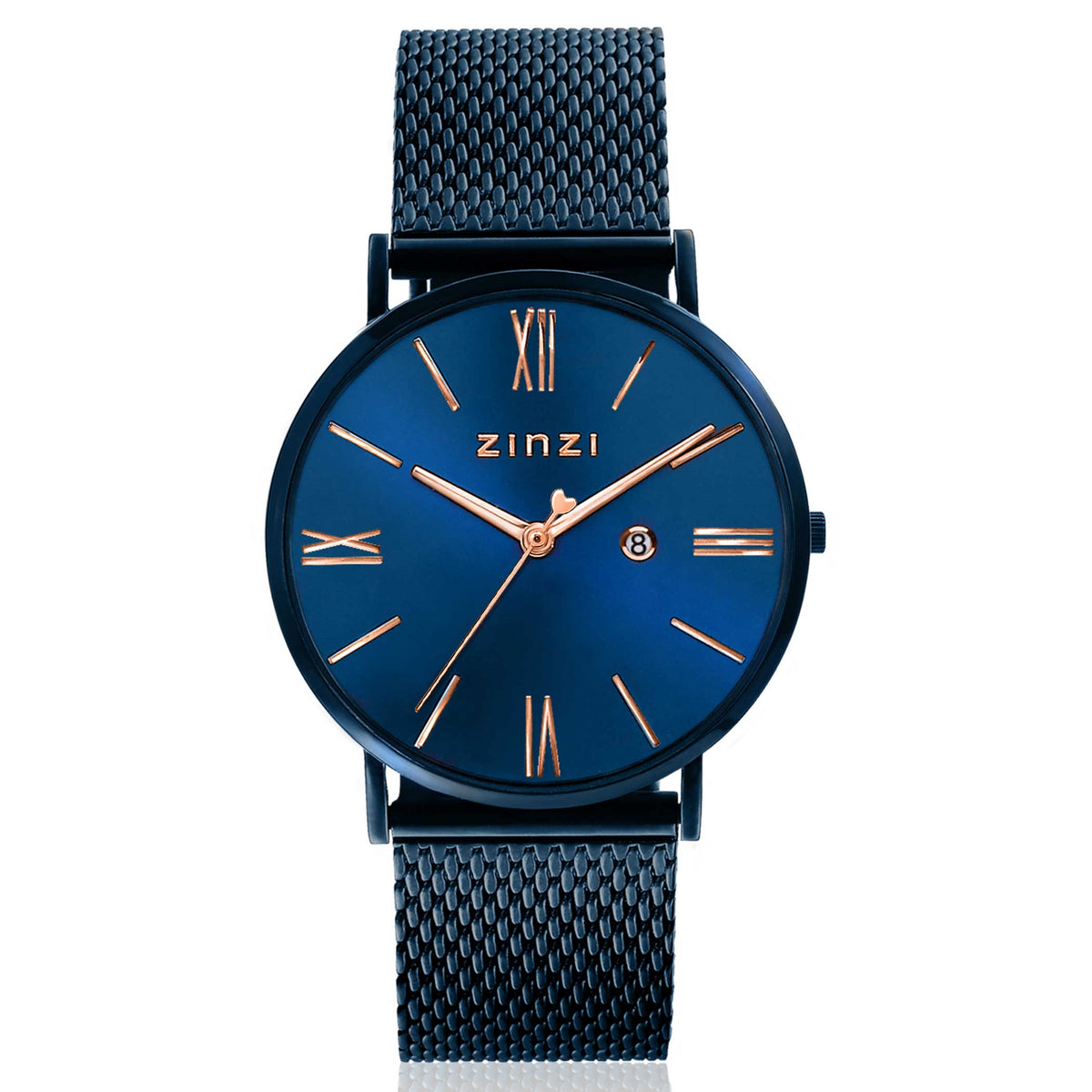 Blauw horloge van staal met een mesh-band, ronde wijzerplaat en roségouden wijzers.