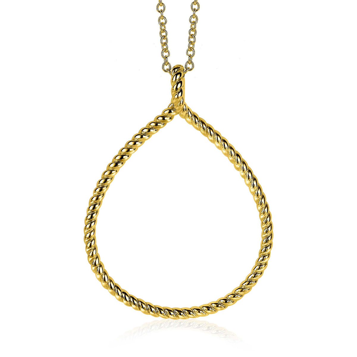 Gouden hanger in druppelvorm met een gevlochten ontwerp, aan een fijne ketting.