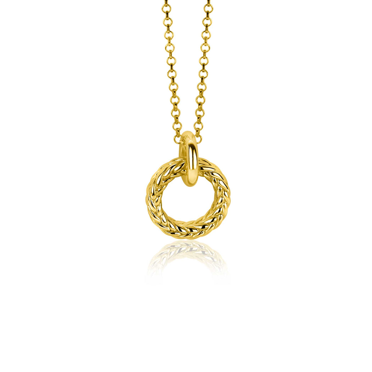 Gouden hangers met een gevlochten ring, aan een fijne ketting.
