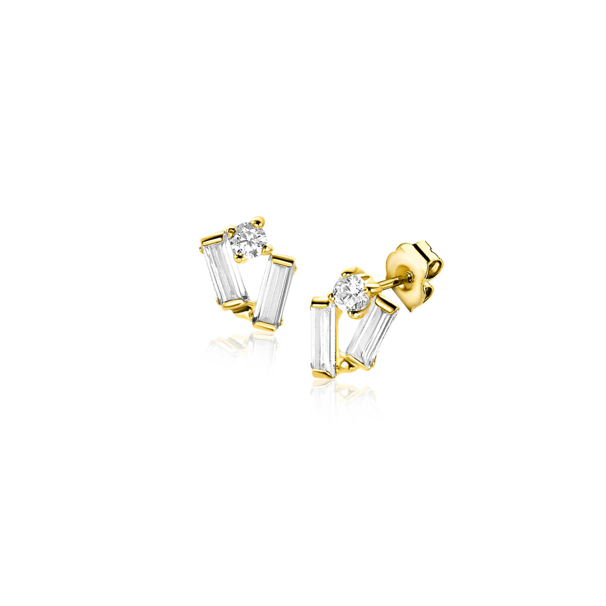 Gouden oorbellen met een combinatie van heldere, rechte en ronde steentjes.