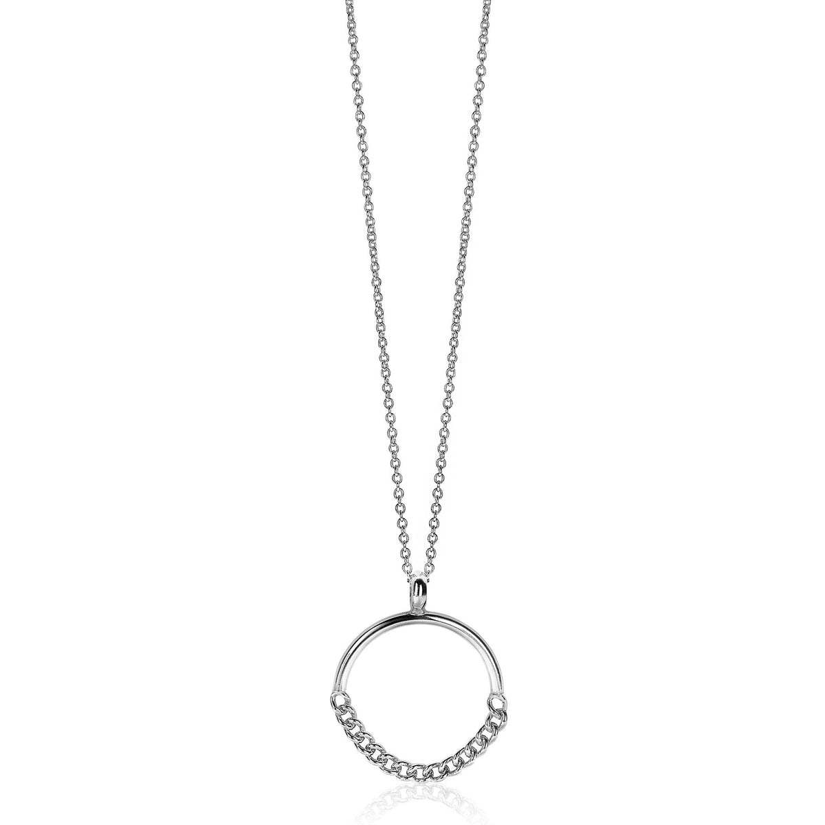 Zilveren hanger met een ronde vorm en kleine steentjes aan de onderkant, aan een fijne ketting.
