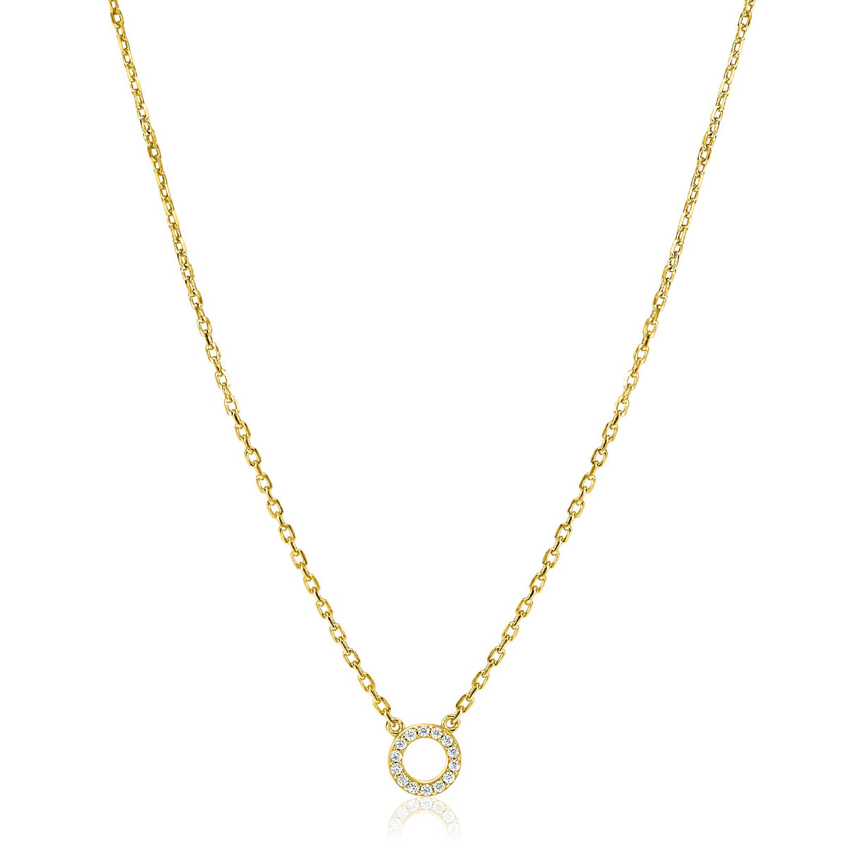 De Zinzi Ketting Gold Plated Zic2550 Y van Zinzi heeft een vergulde ketting met een kleine ronde hanger versierd met witte zirkonia's, tegen een effen witte achtergrond.