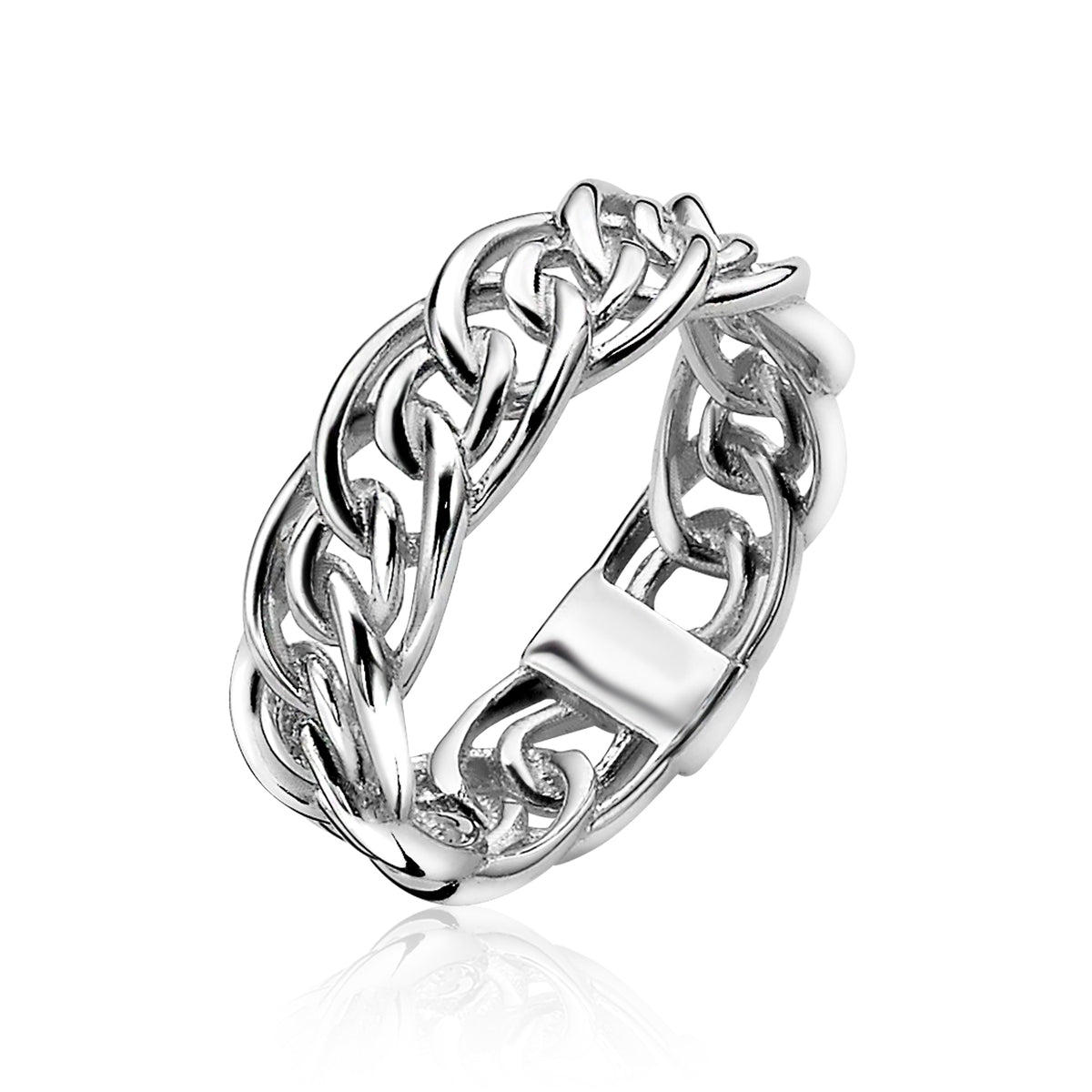 Zilveren ring met een gevlochten kettingontwerp en een stevige sluiting.