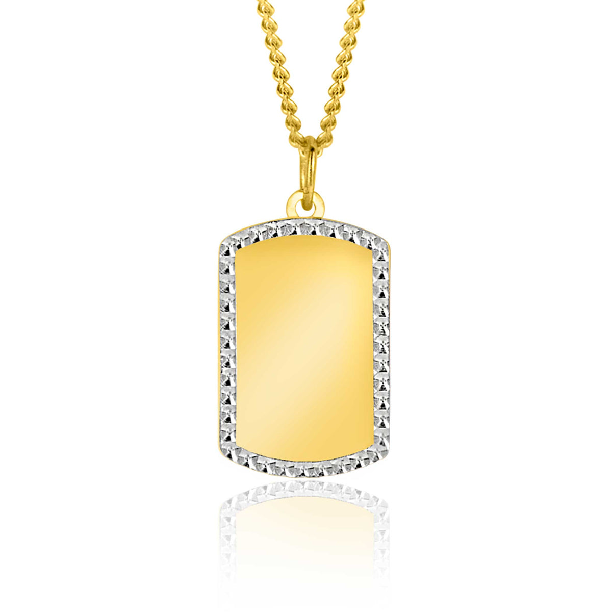 De Zinzi Hangers Goud Zgh365 26 is voorzien van een reflecterende gouden graveerplaat met een witgouden parelrand, en hangt elegant aan een gedraaide gouden ketting, wat een opvallend contrast vormt met de witte achtergrond.