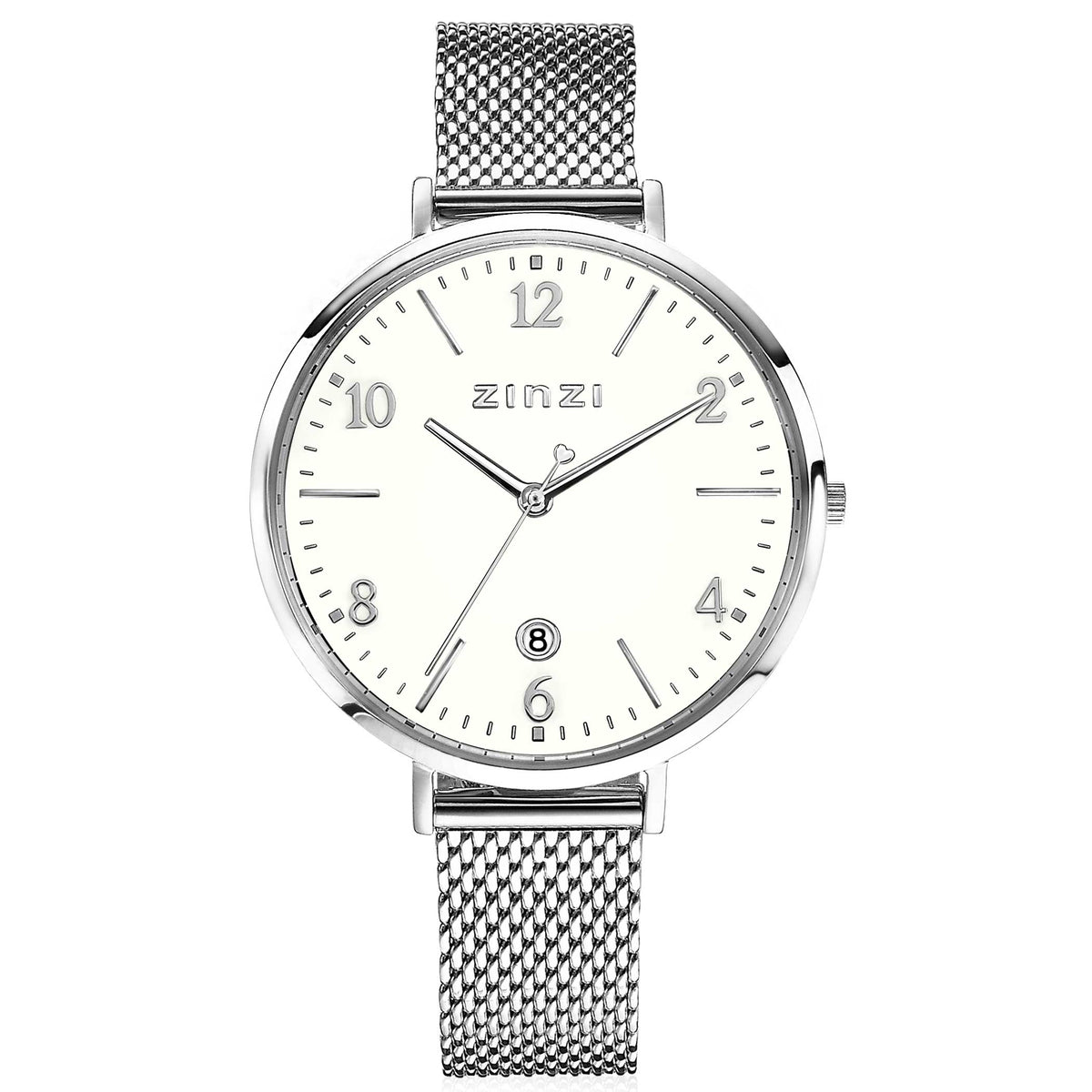 Zilverkleurig horloge van staal met een witte wijzerplaat en mesh-band.