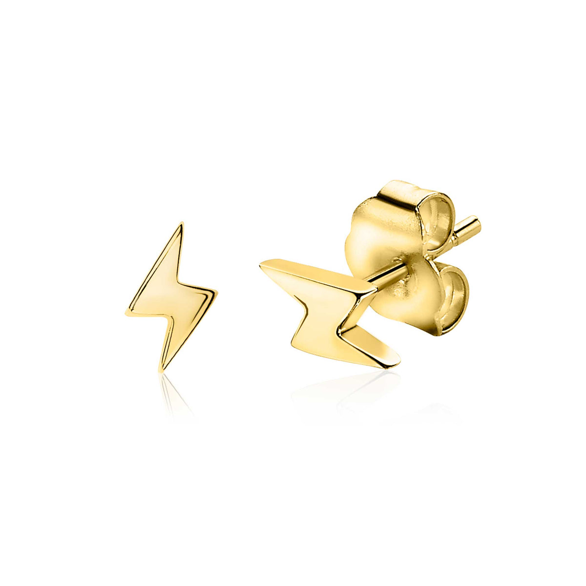 Gouden, geplateerde oorbellen in de vorm van een bliksemschicht met een glanzende afwerking.