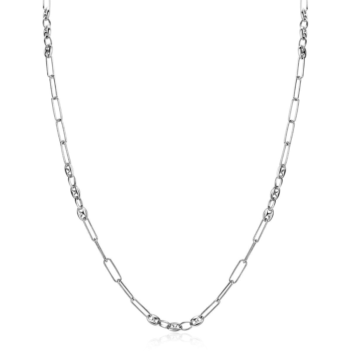 Zilveren ketting met een schakelschema van langwerpige en ronde schakels.