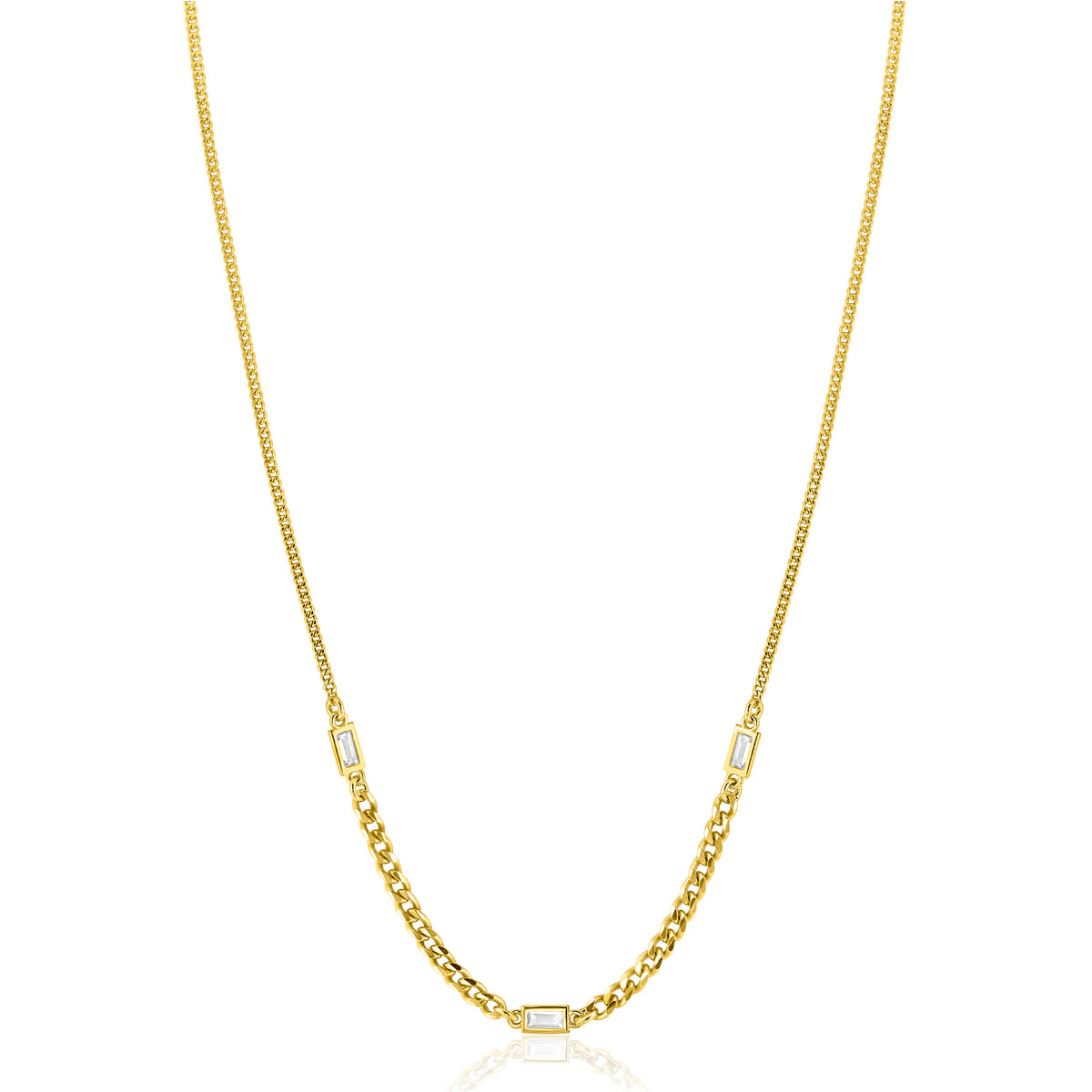 Gouden ketting met een schakelontwerp en drie rechthoekige, heldere steentjes.