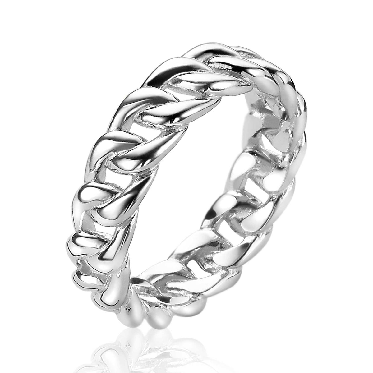 Zilveren ring met een schakelpuntdesign en een glanzende afwerking.