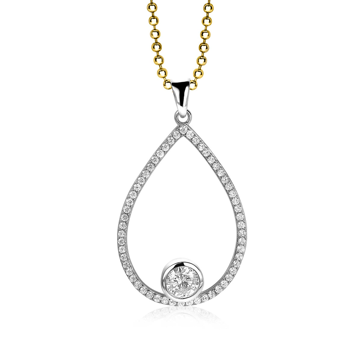 Zilveren hanger in druppelvorm met een ronde, fonkelende steen en een gouden ketting.