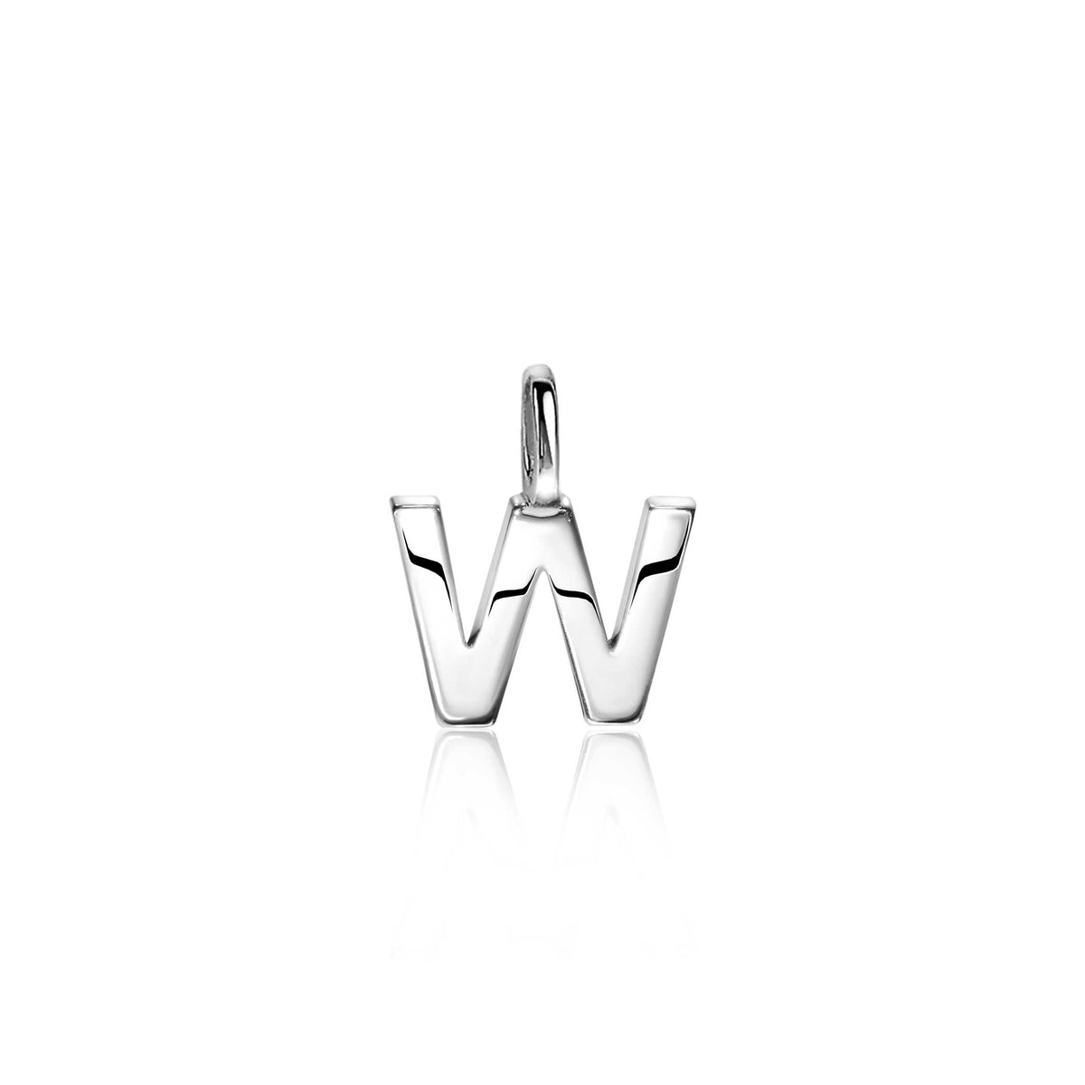Zilveren hanger in de vorm van de letter W met een glanzende afwerking.