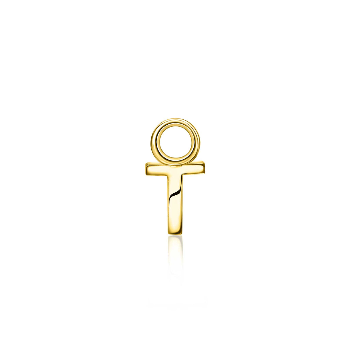 Gouden oorbel met een minimalistisch ontwerp in de vorm van een kruis met een cirkel.