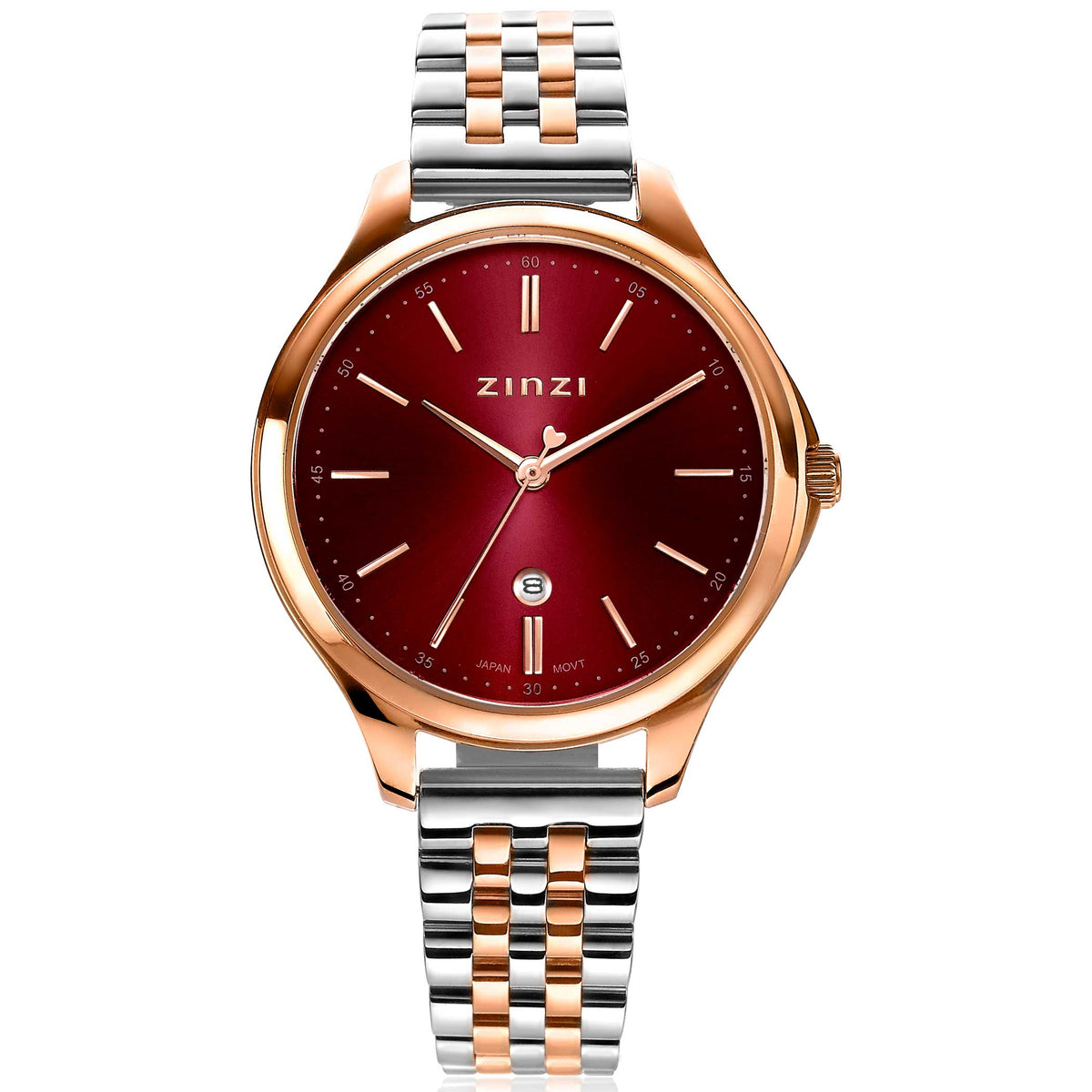 Roségoudkleurig horloge met een bordeauxrode wijzerplaat en een stalen band met roségouden accenten.