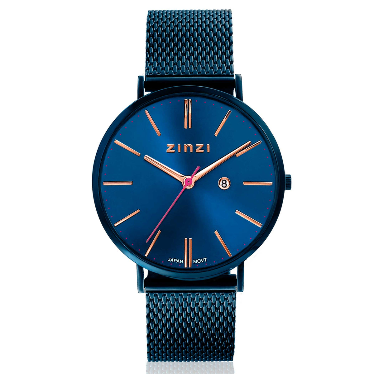 Blauw horloge van staal met een mesh-band, ronde wijzerplaat en oranje accenten.