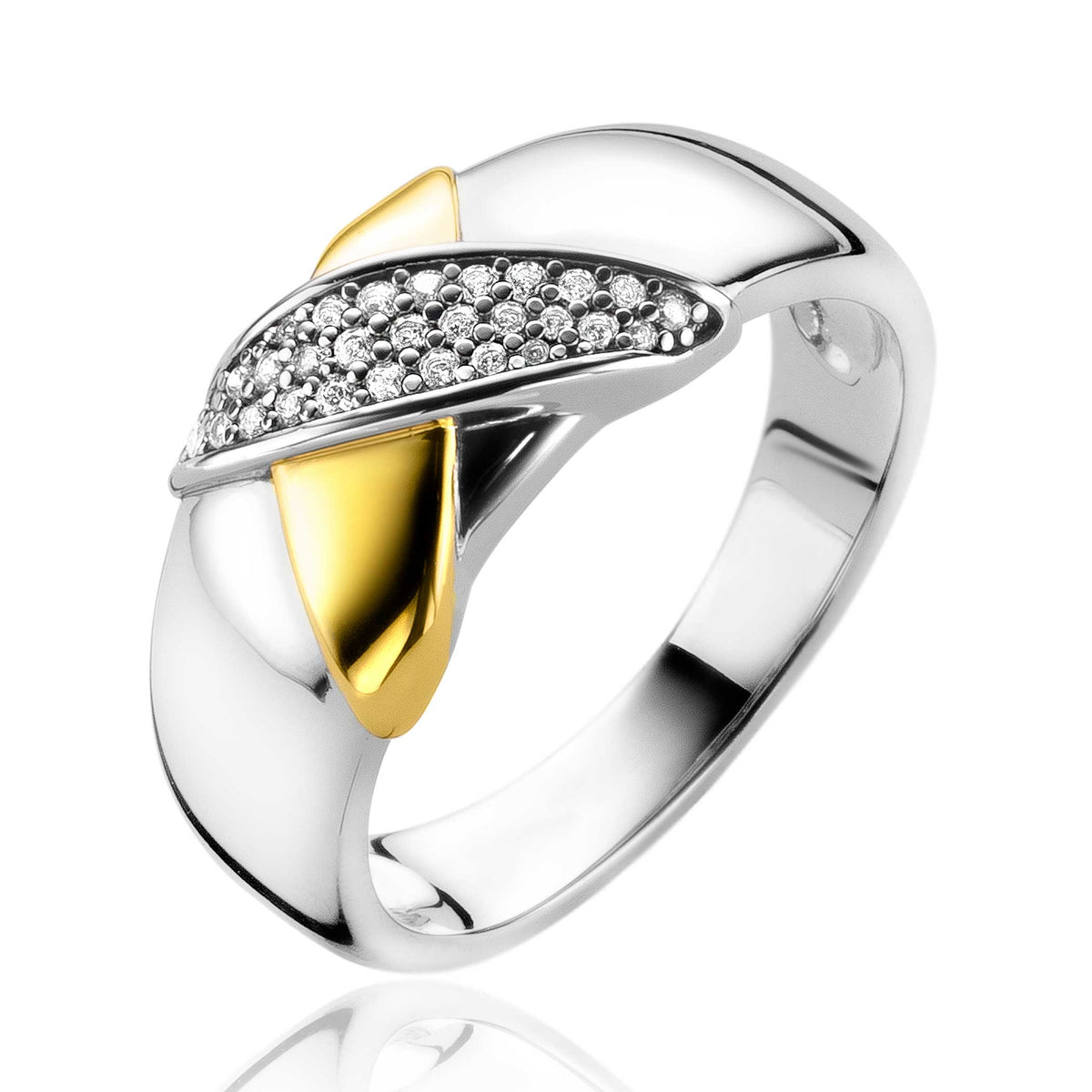 Gouden ring met zilveren afwerking, versierd met sprankelende steentjes en een opvallend kruisdetail.