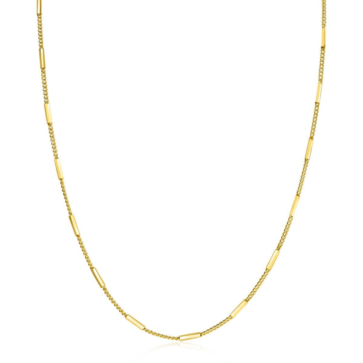 Gouden ketting met een combinatie van bolletjes en platte schakelvormen.