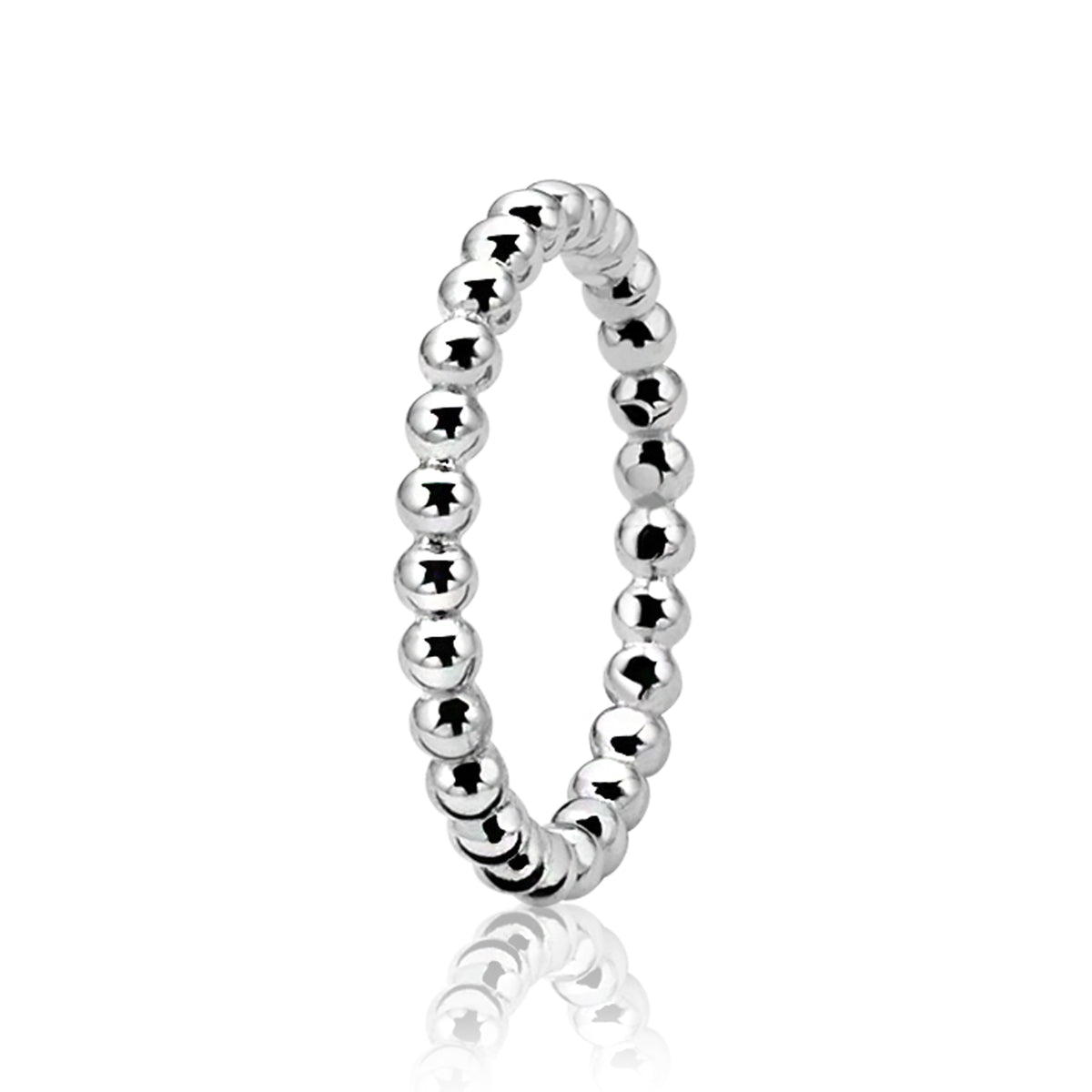 Zilveren ring met bolletjesdesign, glanzende afwerking en een ronde vorm.