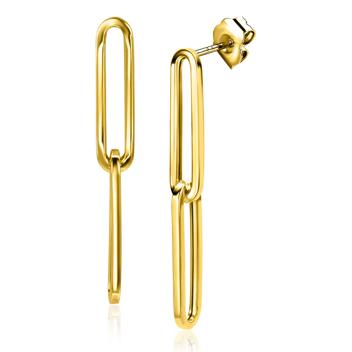 Gouden oorbellen in de vorm van een paperclip met een glanzende afwerking.