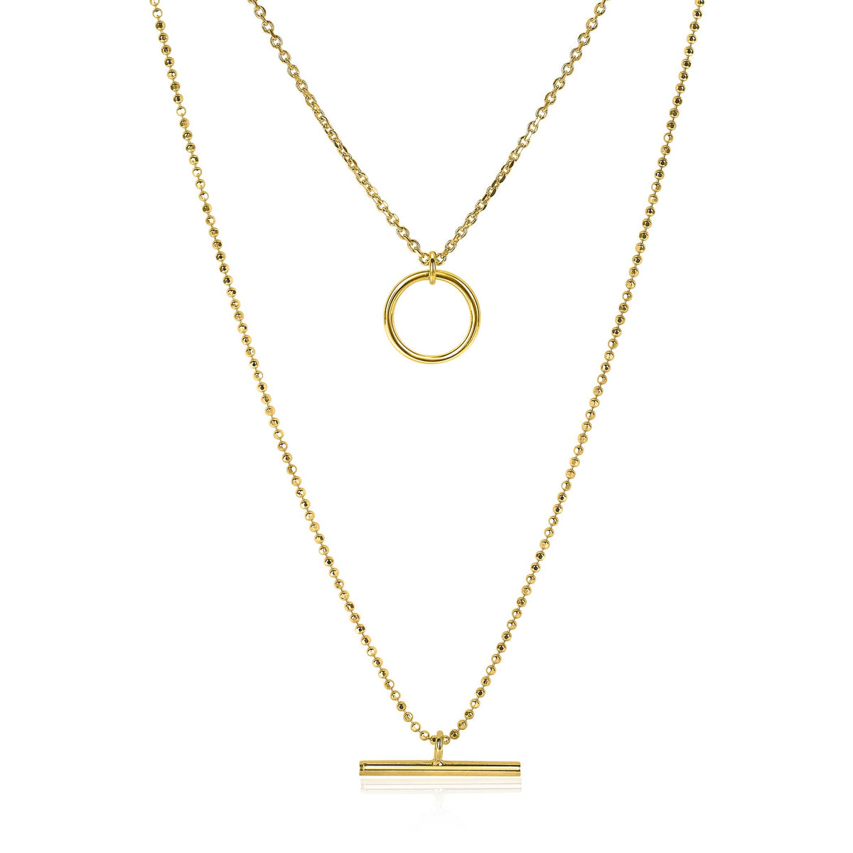 Vergulde ketting met twee lagen, een ronde hanger en een rechte staafhanger.