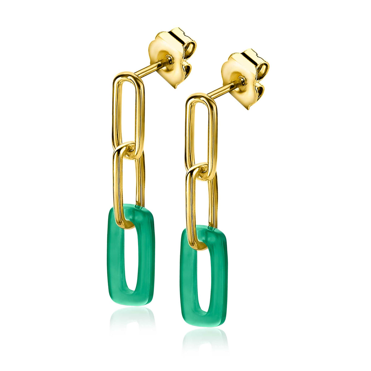 Gouden oorbellen met een schakelontwerp en groene kunststof accenten.