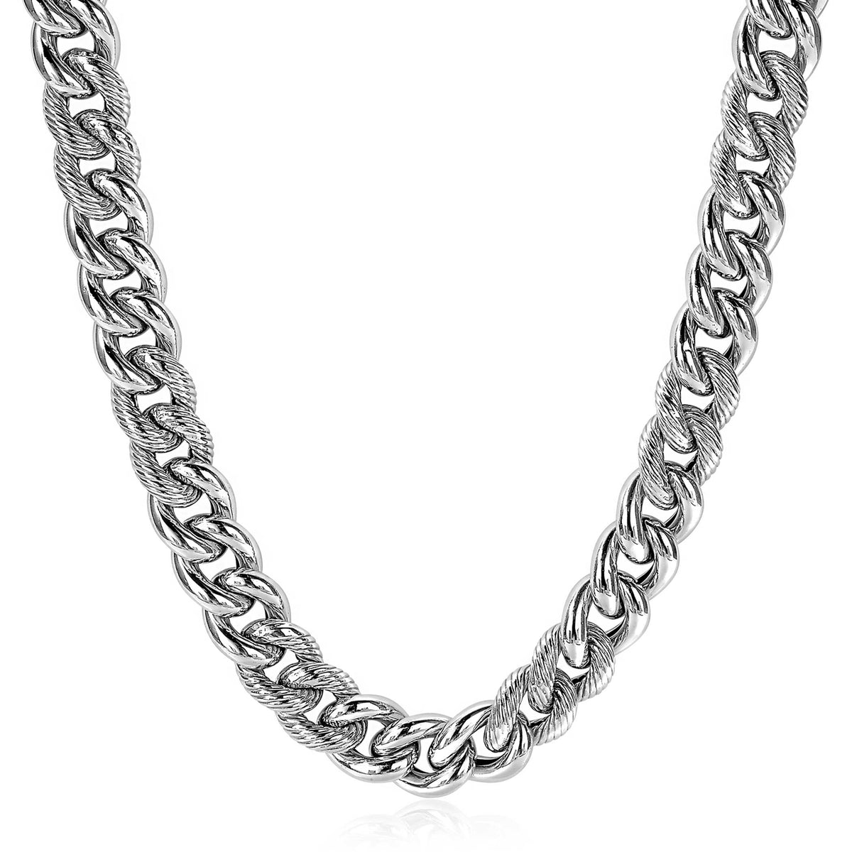 Zilveren ketting met een gedetailleerde schakelstructuur en een glanzende afwerking.