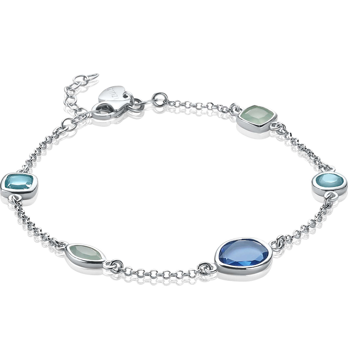 Zilveren armband met verschillende gekleurde edelstenen in ovale en ronde zettingen.