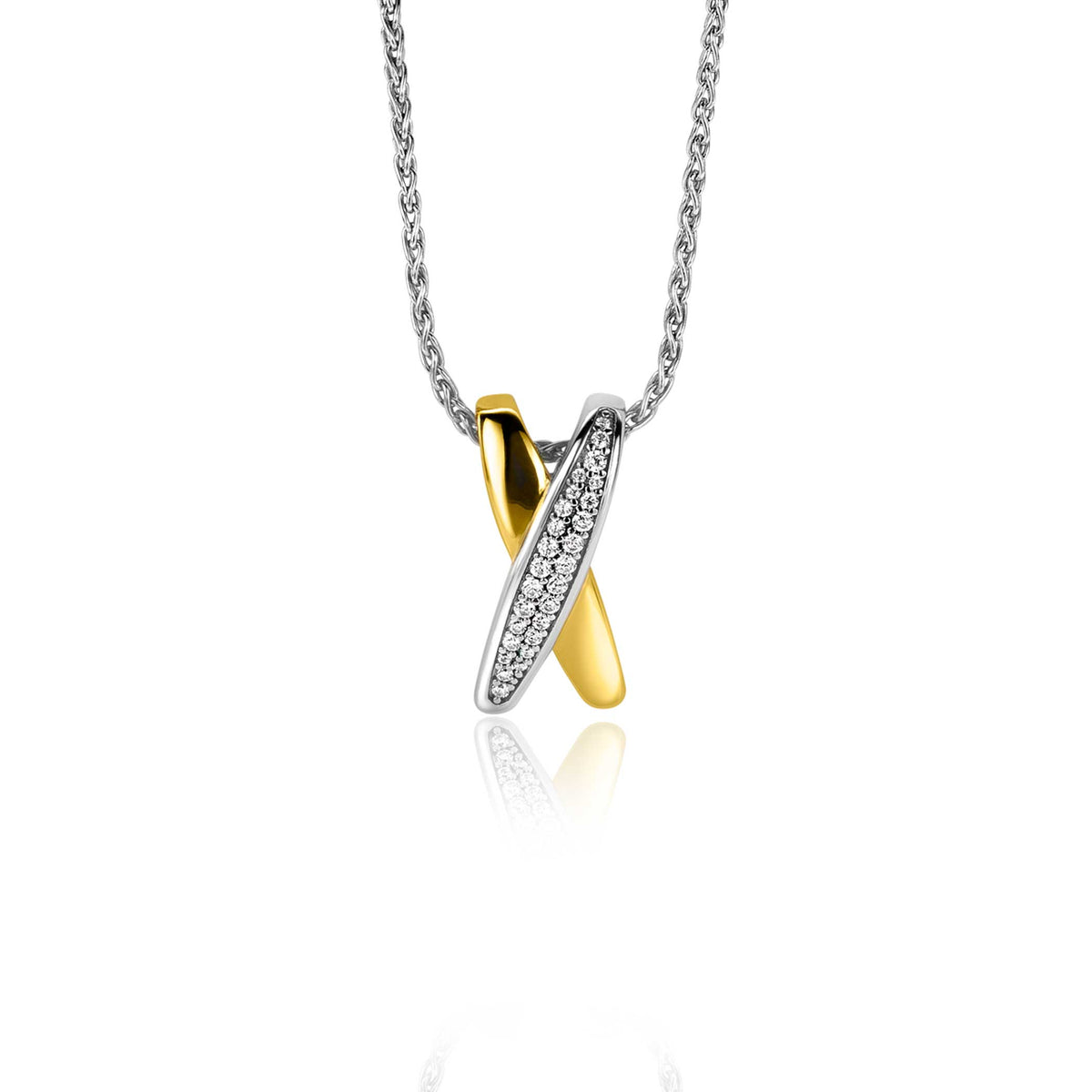 Gouden en zilveren hanger met een glinsterende zirkonia-bespreking, aan een fijne ketting.