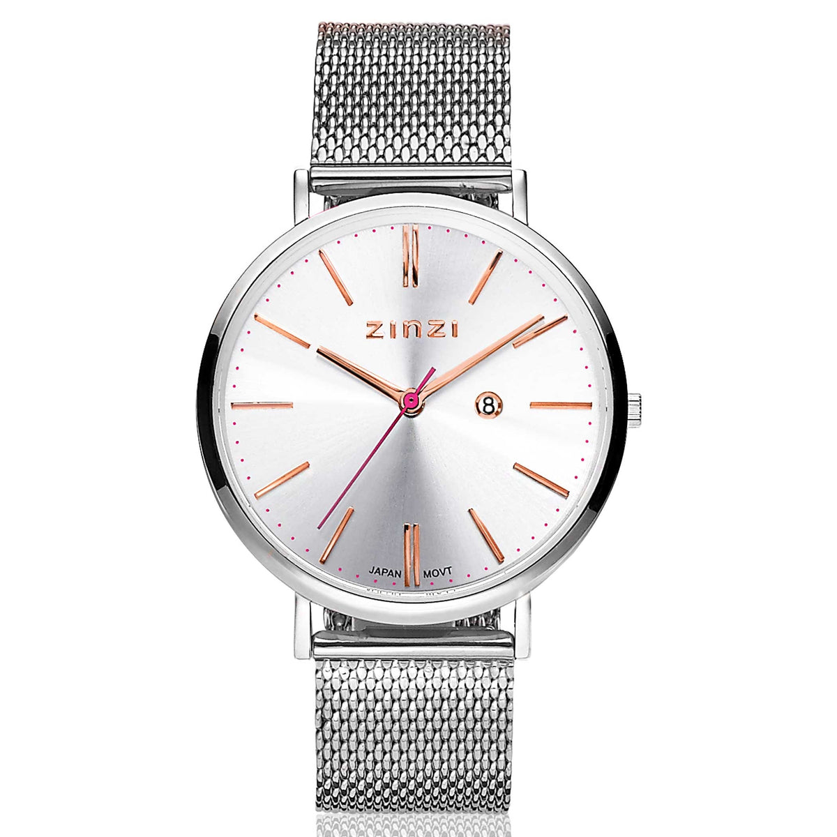 Zilverkleurig horloge van staal met een mesh-band, witte wijzerplaat en roségouden details.