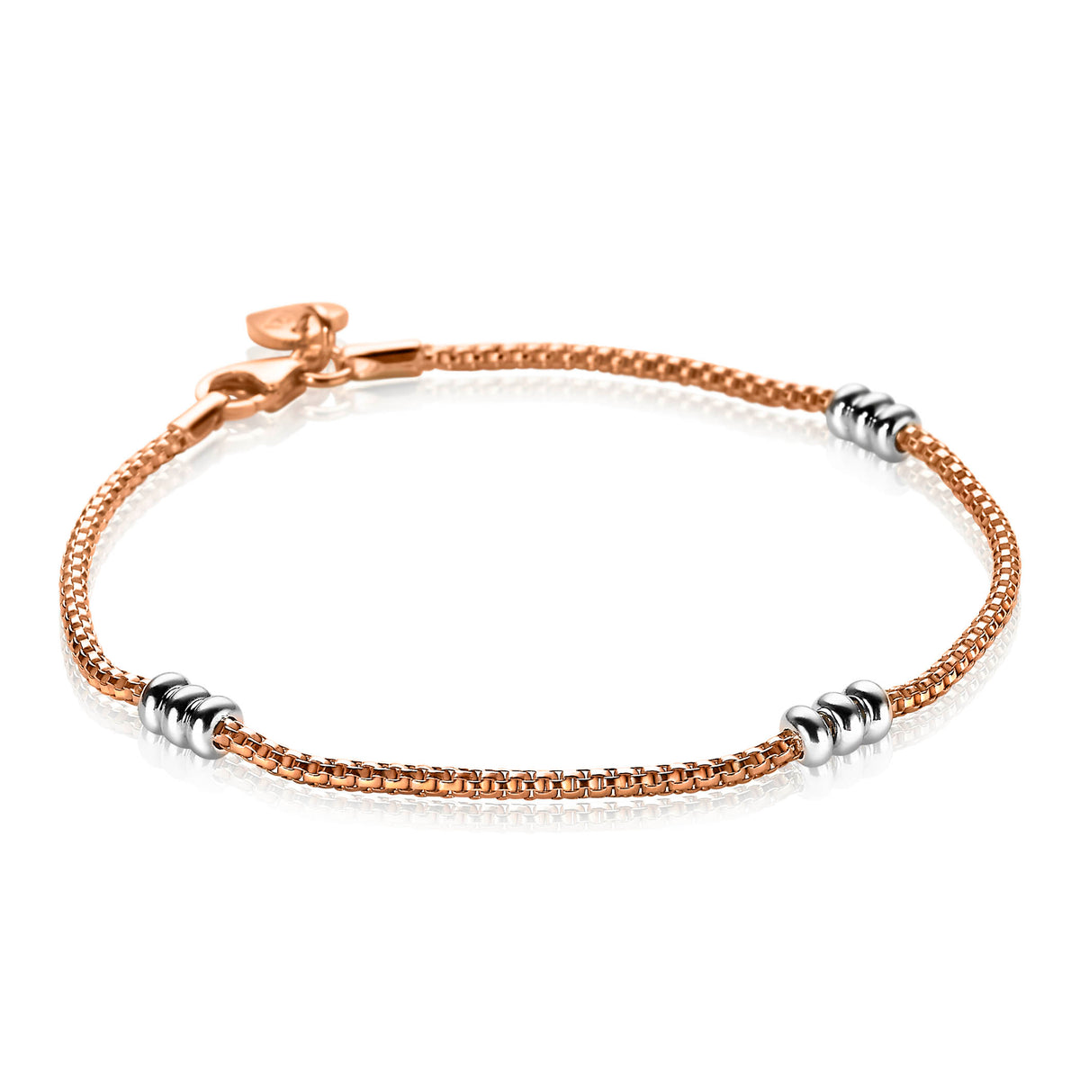 Roségouden armband met zilveren details en een fijne schakelstructuur.