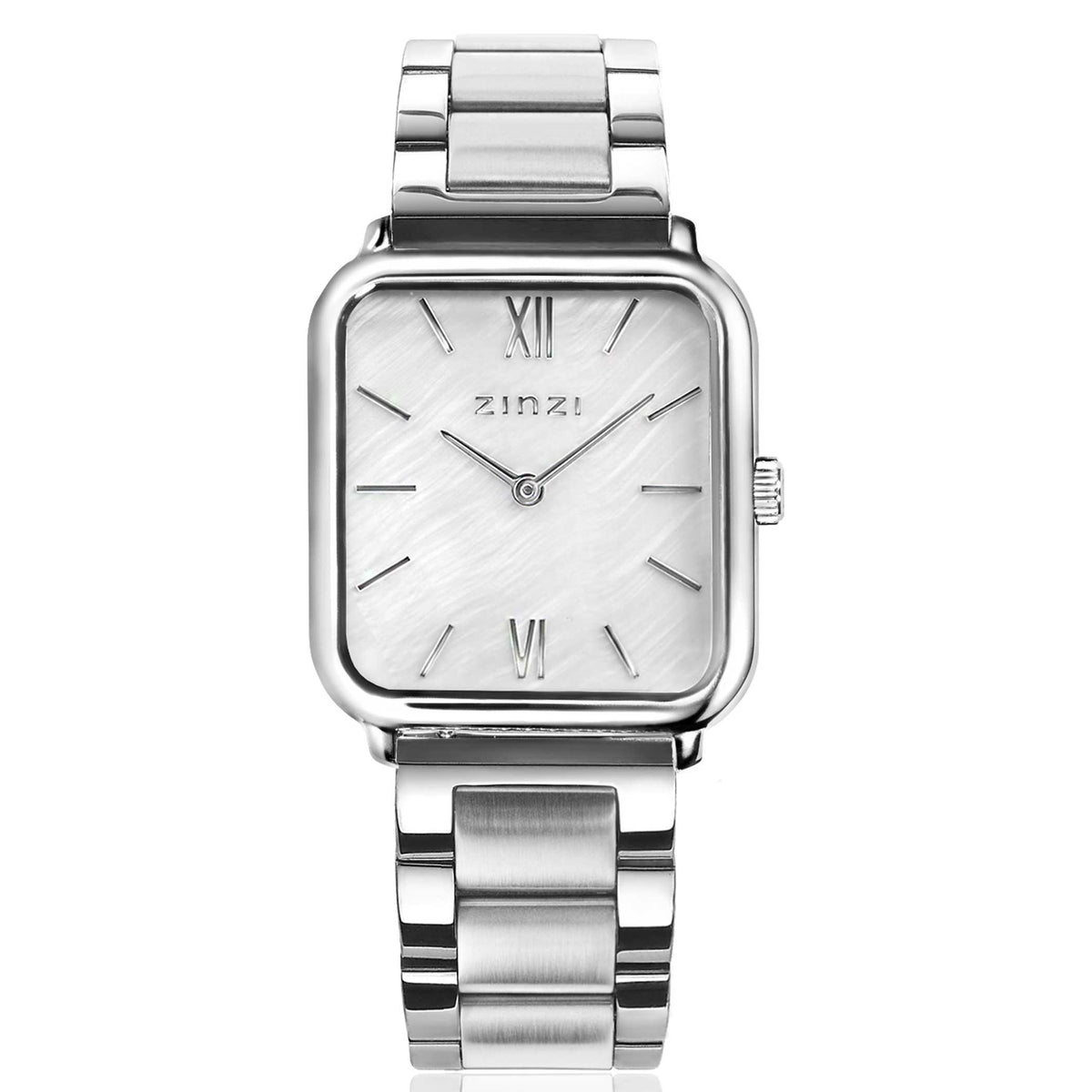 Zilverkleurig horloge van staal met een vierkante wijzerplaat en Romeinse cijfers.