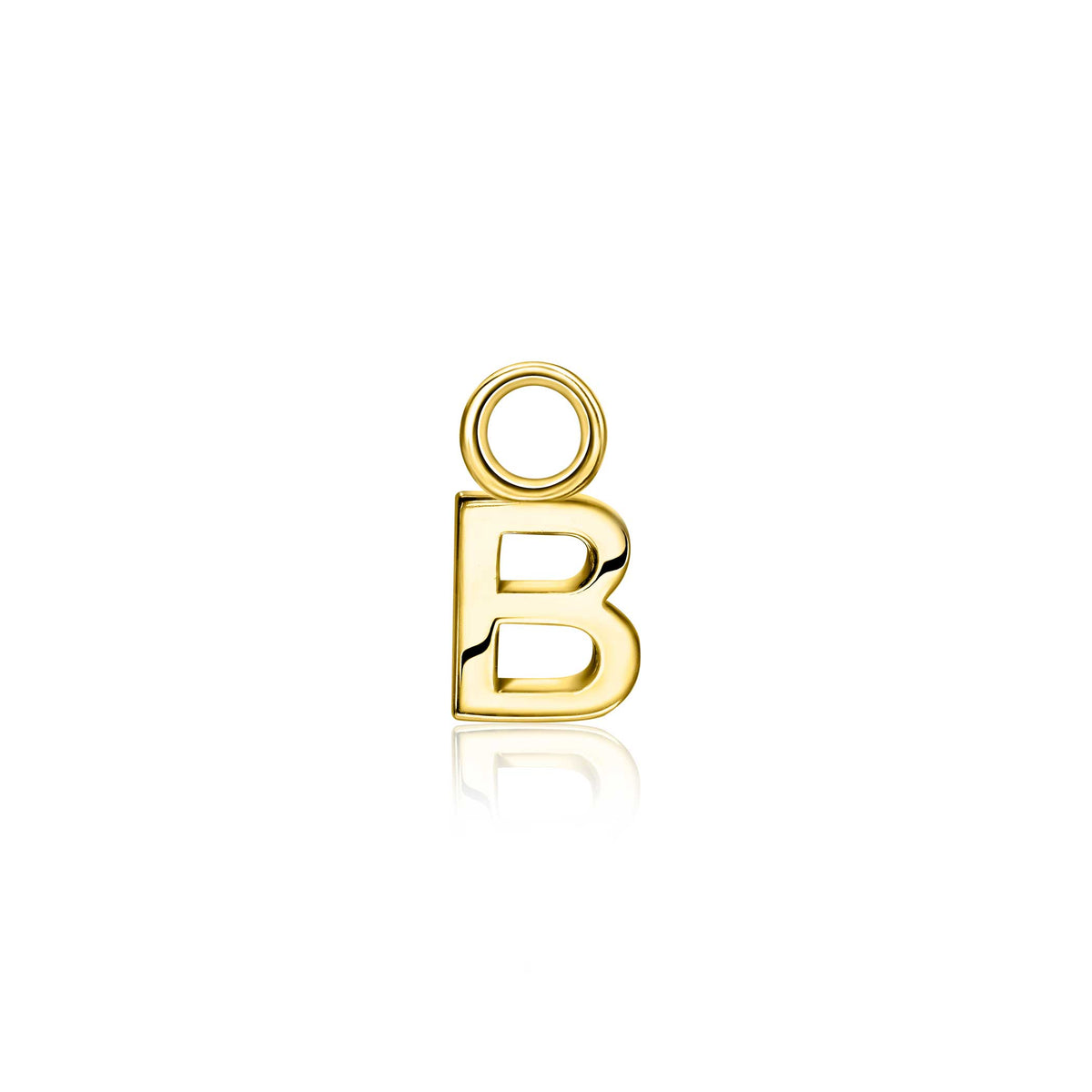 Gouden oorbel in de vorm van een letter 'B' met een glanzende afwerking.